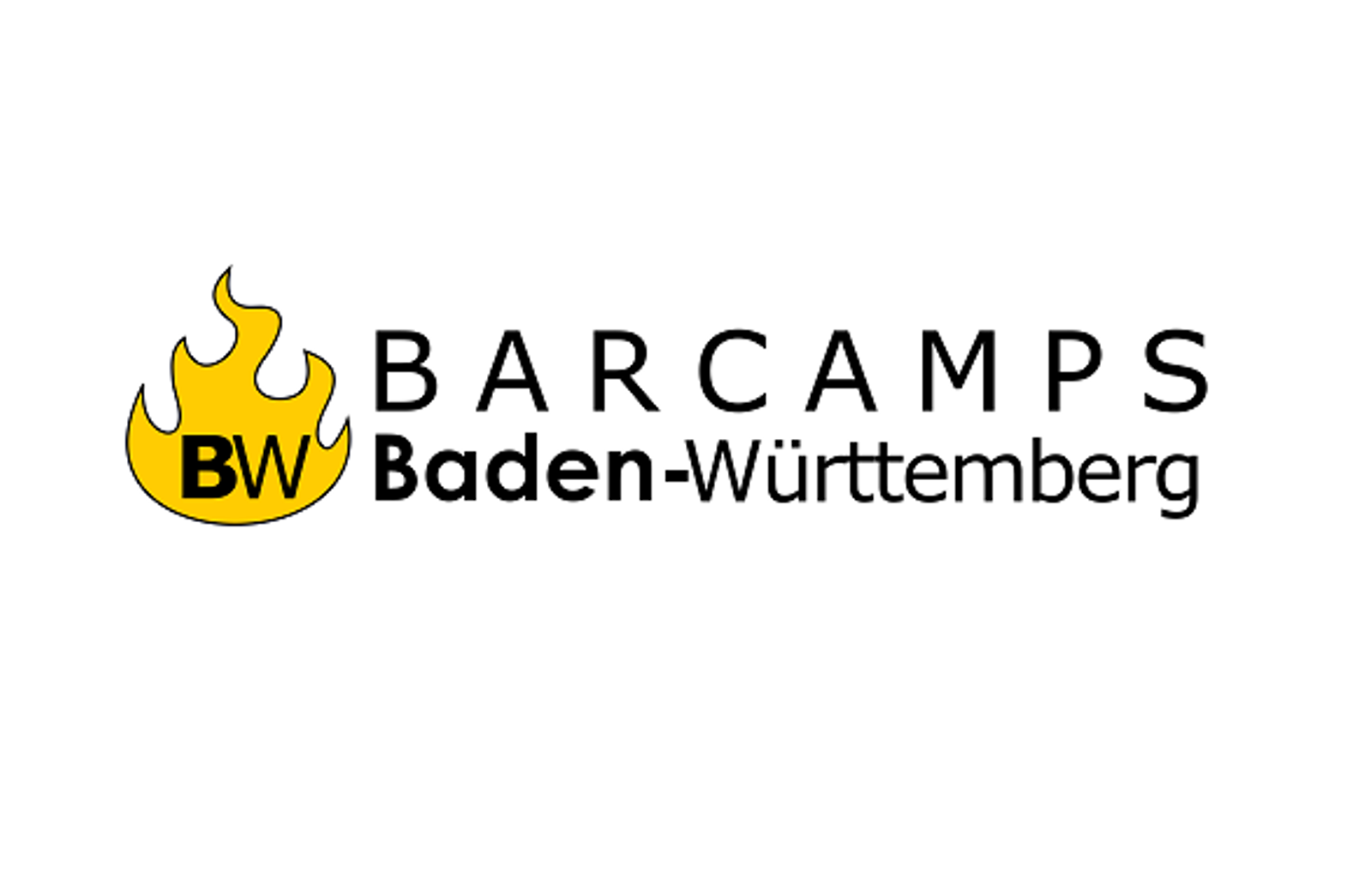 Logo der BW-Barcamps: eine gelbe Flamme mit den Buchstaben BW vor der Überschrift BARCAMPS Baden-Württemberg