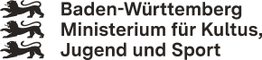 Link zum Internetauftritt des Ministeriums für Kultus, Jugend und Sport Baden-Württemberg; Logo: auf der linken Seite drei schwarze Baden-Württemberg-Löwen-Symbole untereinander, auf der rechten Seite: auf drei Zeilen verteilter Schriftzug Baden-Württemberg, Ministerium für Kultus, Jugend und Sport“ in schwarzer Fettschrift