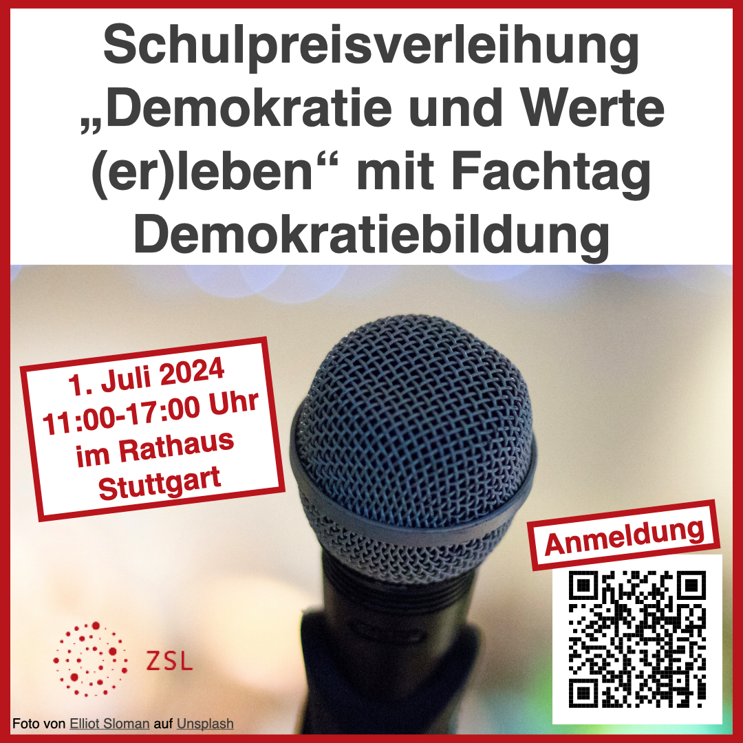 Grafik: Einladung zur Schulpreisverleihung „Demokratie und Werte (er)leben“ und zum Fachtag Demokratiebildung: 1. Juli 2024, 11:00 bis 17:00 Uhr im Rathaus Stuttgart