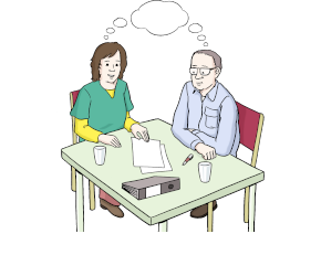 Zeichnung: Symbolbild für Beratung: zwei Personen an einem Tisch mit Unterlagen