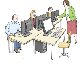 Zeichnung: Dozentin spricht mit drei erwachsenen Fortbildungsteilnehmenden, die an Rechnern sitzen