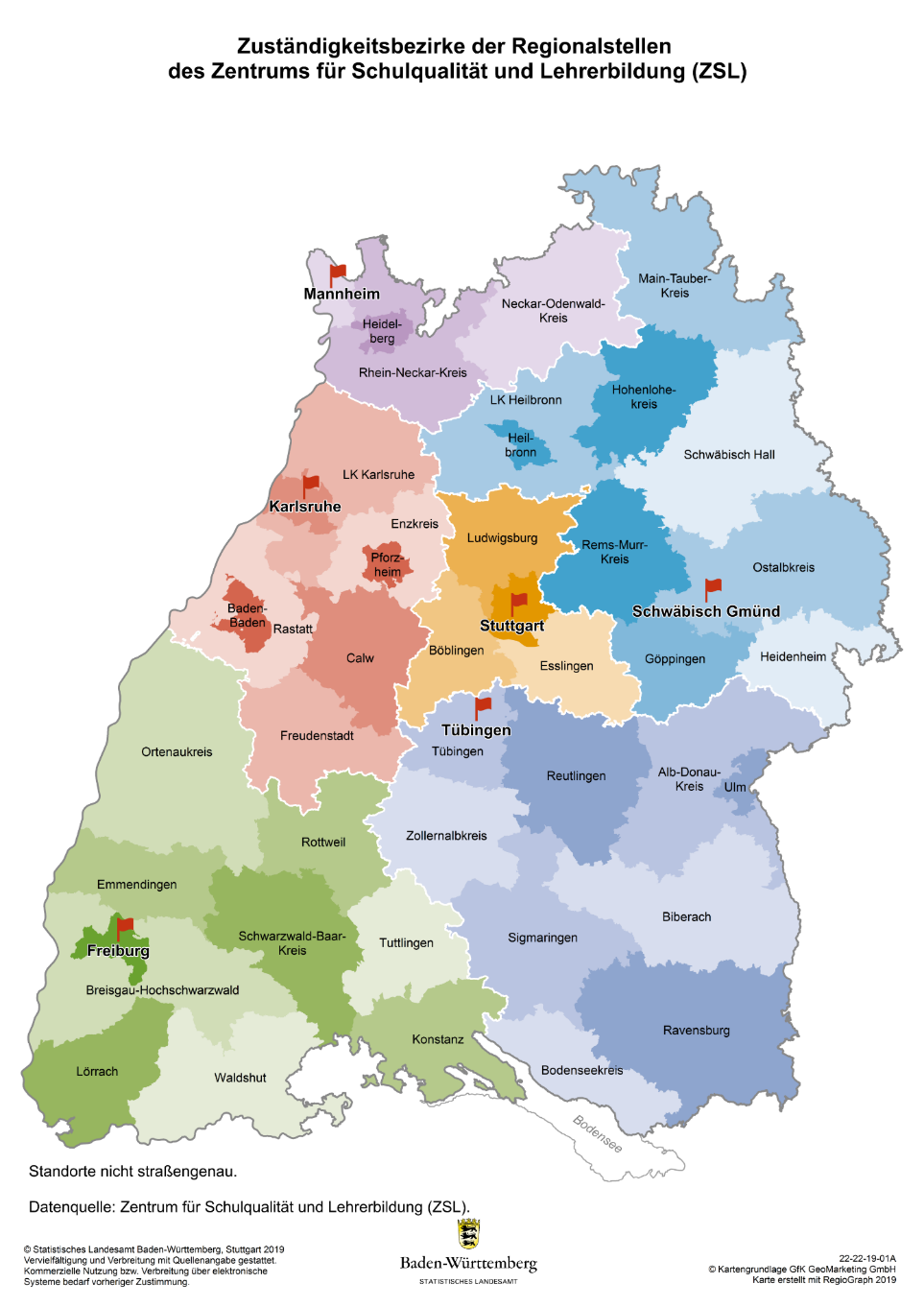 Grafik: Landkarte Baden-Württembergs mit Übersicht der ZSL-Regionalstellen