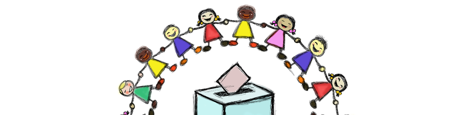 Zeichnung: Kinder tanzen um eine Wahlurne herum