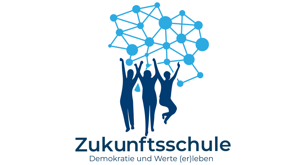 Logo der Zukunftsschulen Demokratie und Werte (er)leben. Drei Personen springen vor einem blauen Netzwerk aus Punkten und Strichen.