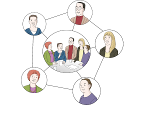 Zeichnung: Personen in Kreisen, die miteinander vernetzt sind