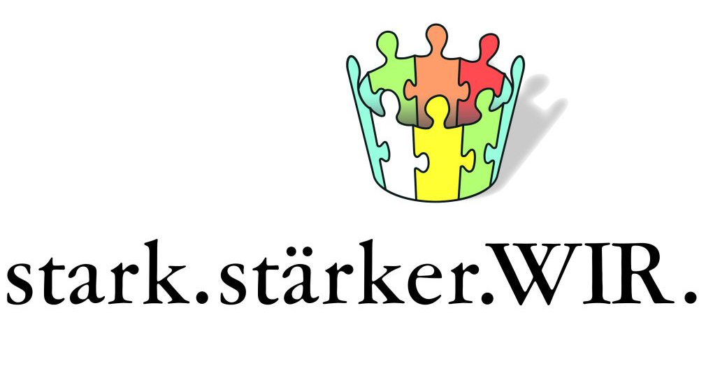 Logo-Grafik: Krone aus mehrfarbigen Puzzlesteinen und Schriftzug stark.stärker.WIR