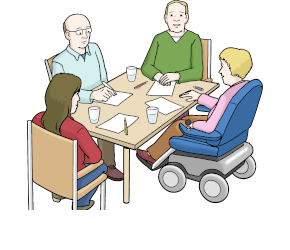 Zeichnung: vier Personen an einem Tisch mit Papier und Stiften