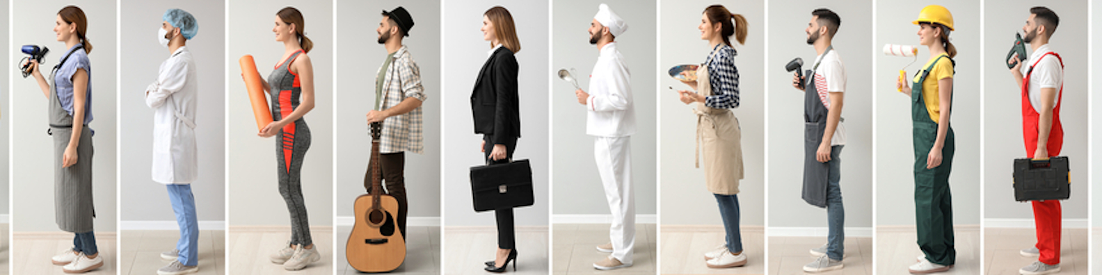 Foto: Reihe von Personen, die unterschiedliche Berufsuniformen tragen