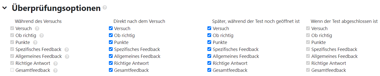 Screenshot der Überprüfungsoptionen bei der Aktivität Test