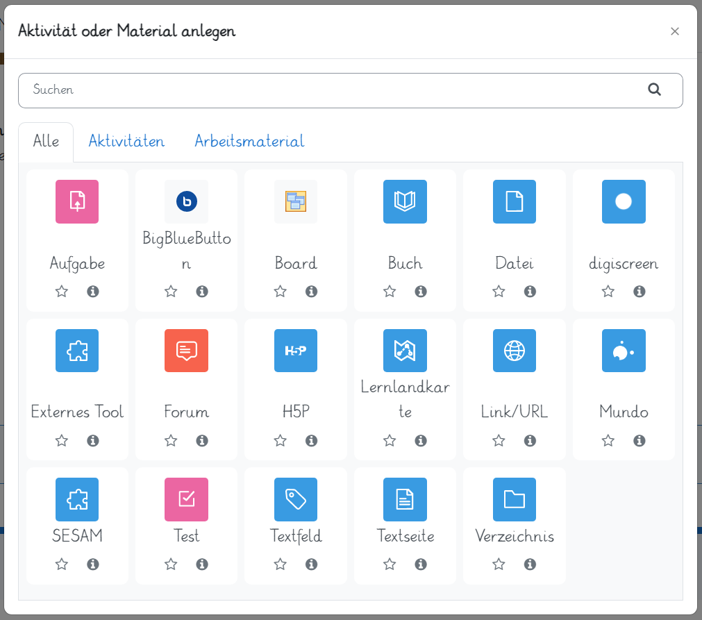 Screenshot der Übersicht aller Aktivitäten für Trainerinnen und Trainer