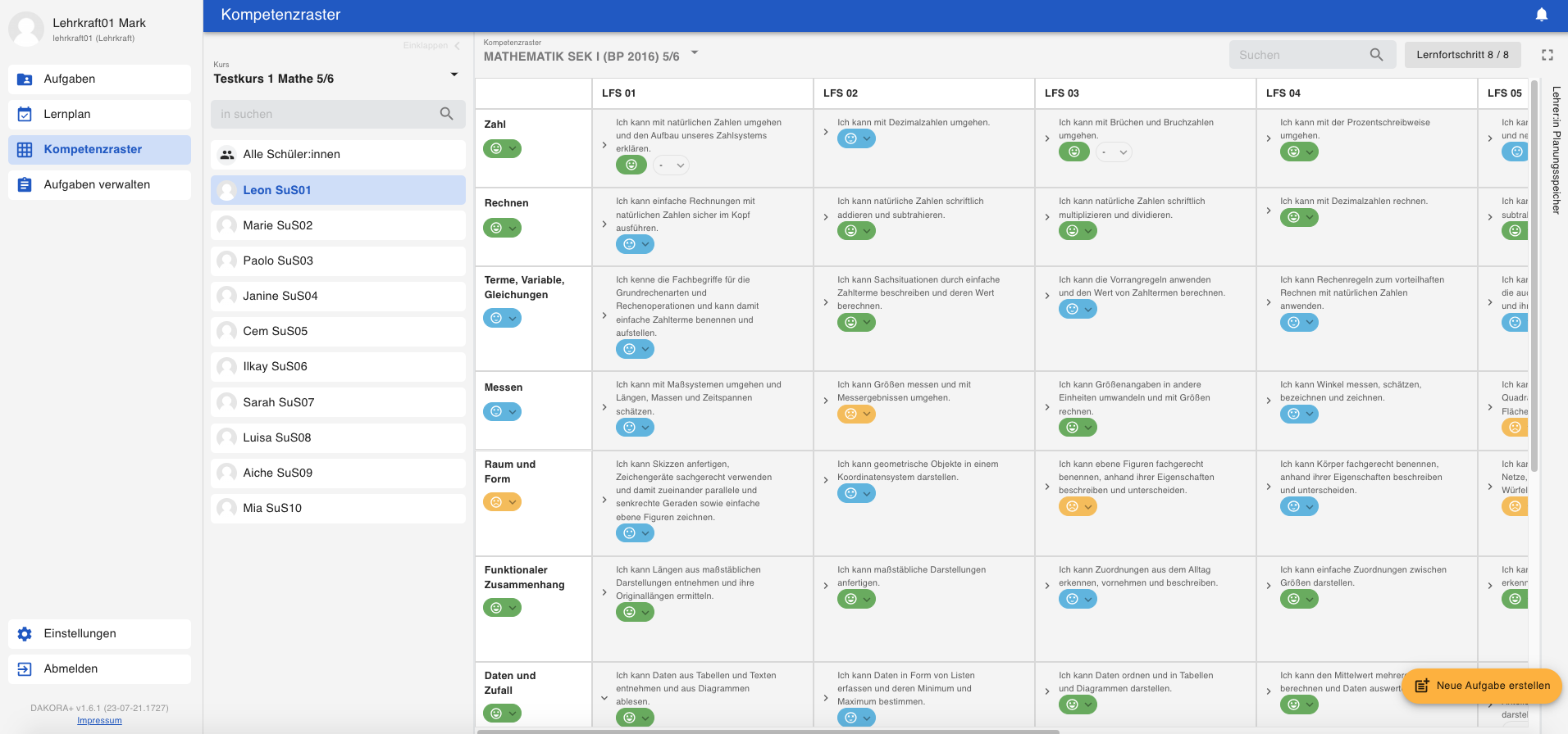 Screenshot des Bereichs "Kompetenzraster" innerhalb DAKORA+. Der Schüler Leon wird markiert, sodass eine Kompetenzübersicht in Form eines Rasters dargestellt ist. Die einzelnen Bewertungen werden anhand von bunten Smileys sichtbar gemacht. 