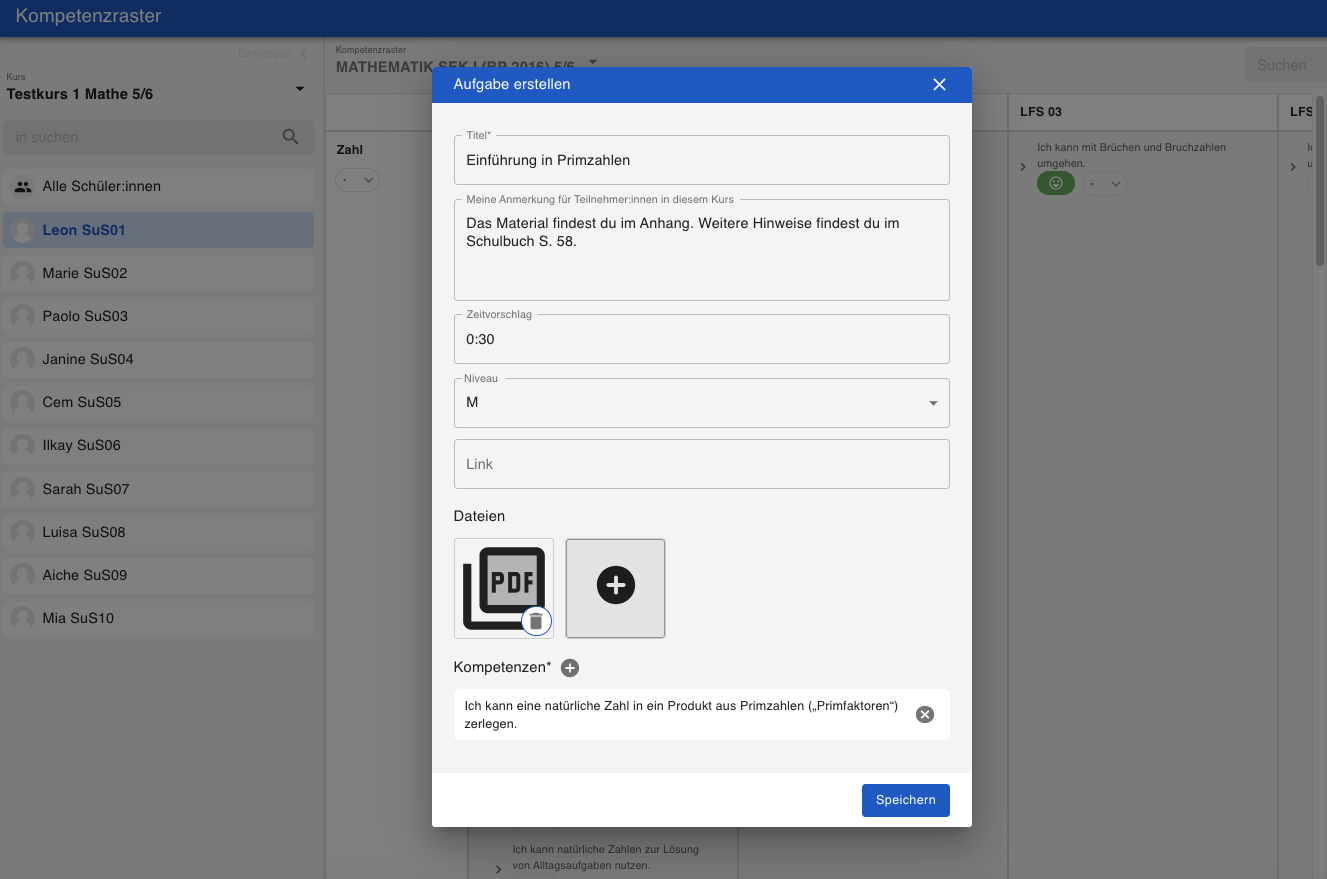 Screenshot des Bereichs "Aufgabe erstellen" innerhalb DAKORA+. Hier können der Titel des Materials, Anmerkungen, Zeitvorschläge, Niveaus, Links, Dateien und Kompetenzen hinzugefügt werden. 