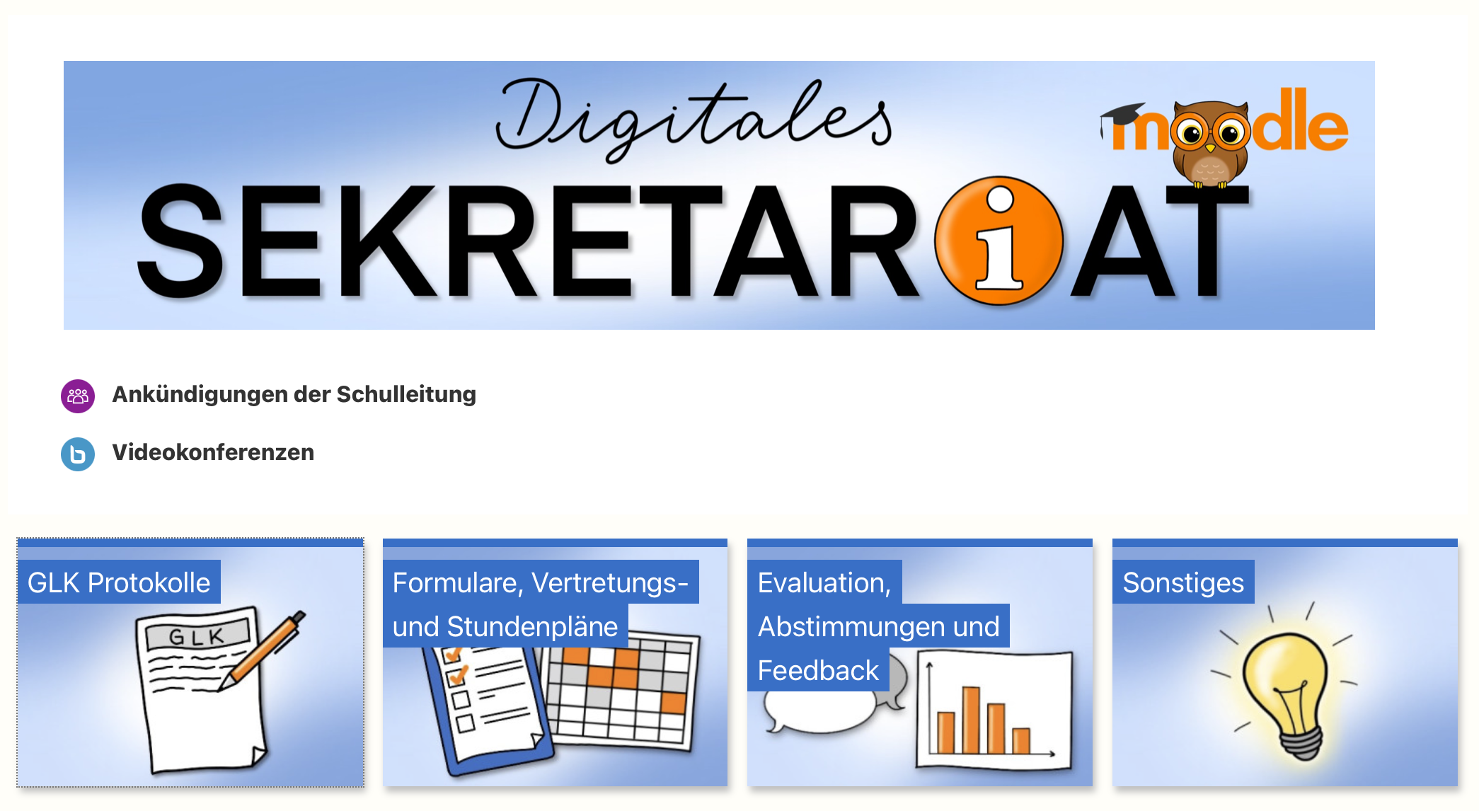 Screenshot eines Kursraums (digitales Sekretatriat) dargestellt im Kachelformat 