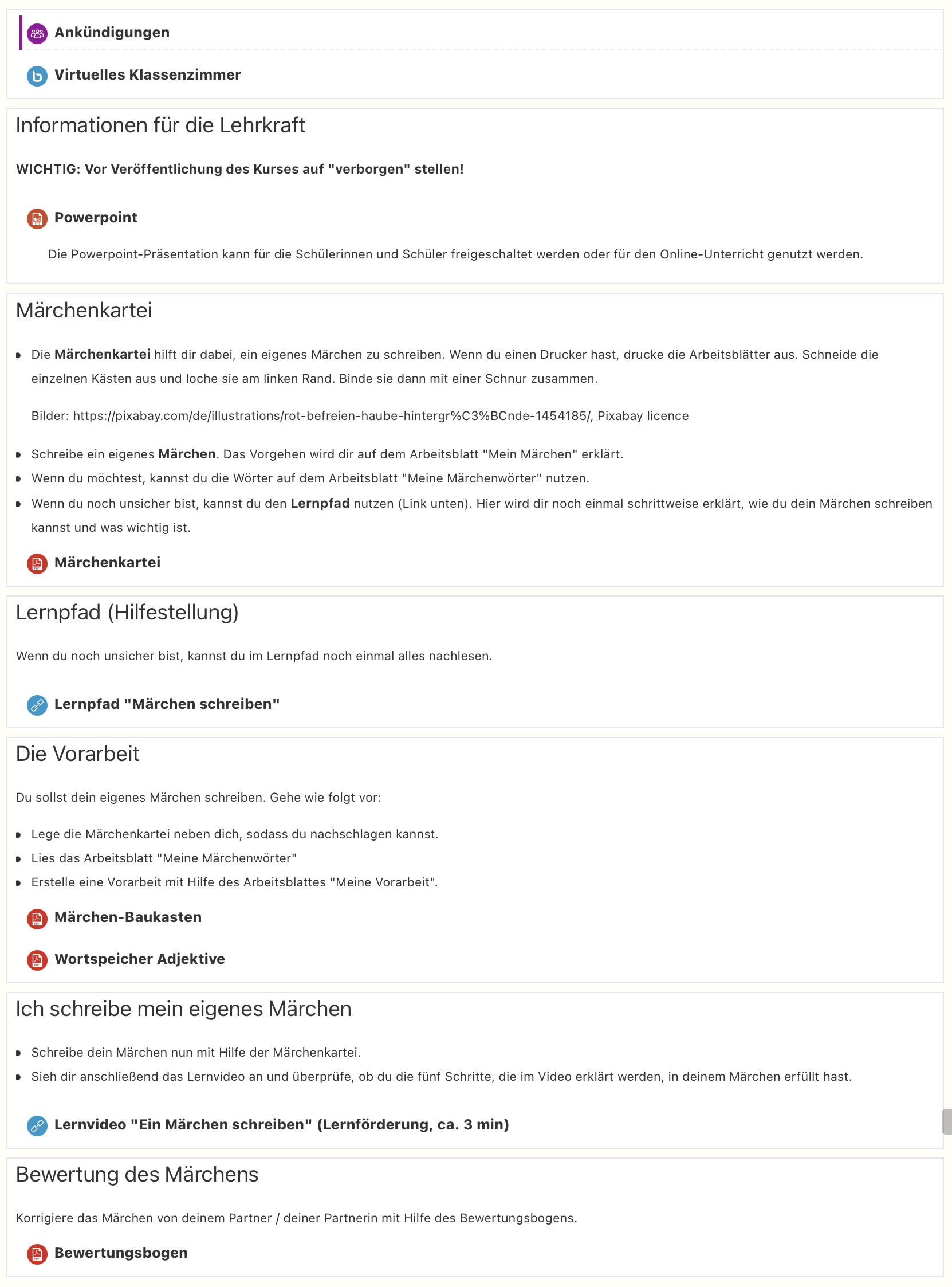 Screenshot eines Kursraums zum Thema Märchen dargestellt im Themenformat