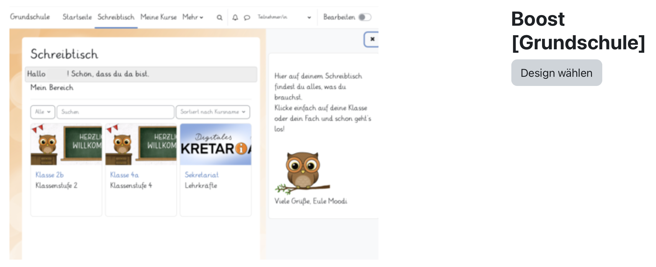 Screenshot aus der Websiteadministration: zu sehen ist das Theme Boost Grundschule