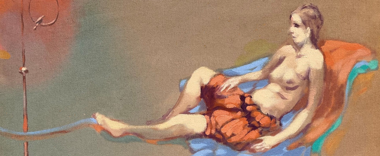 Gemälde einer liegenden nackten Frau auf einer farbigen Unterlage; der Körper ist locker ausgestreckt, die Umgebung abstrakt und weich gemalt.