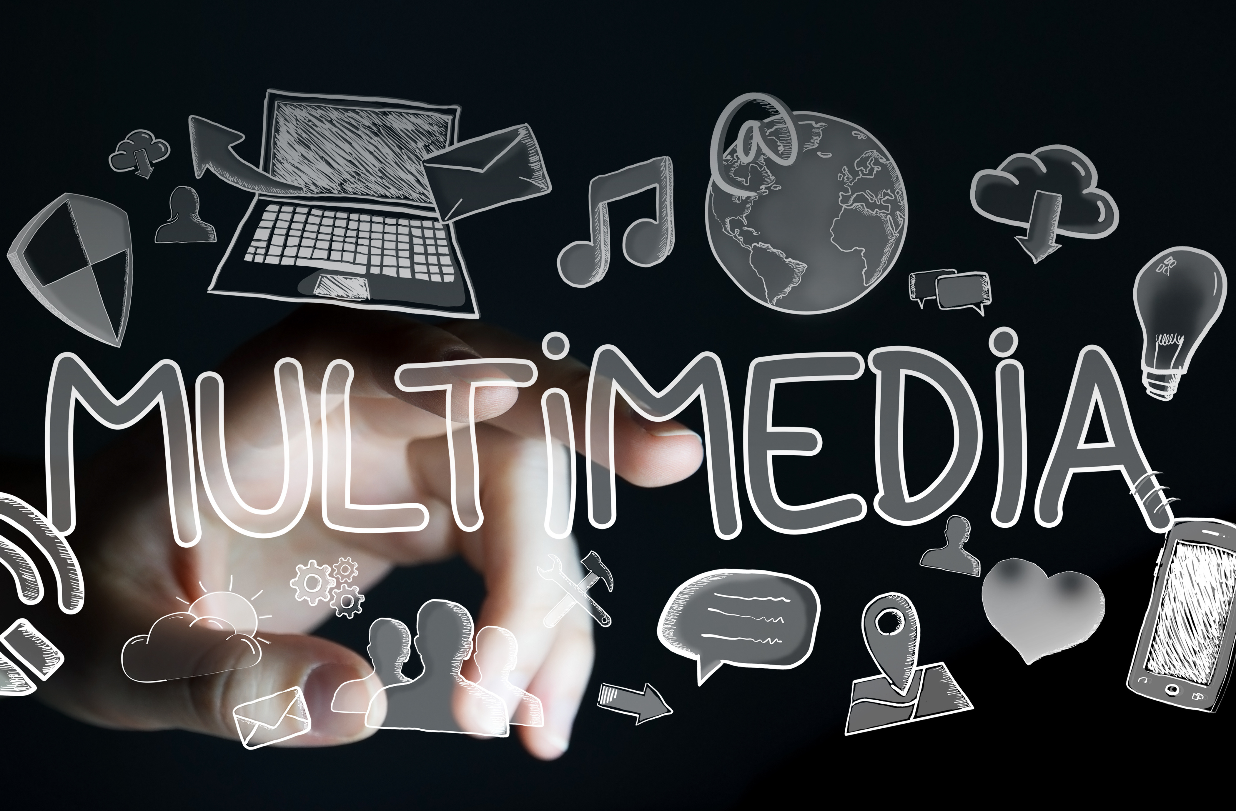 Hand vor schwarzem Hintergrund, die auf eine weiße Schrift und weiße Symbole zeigt