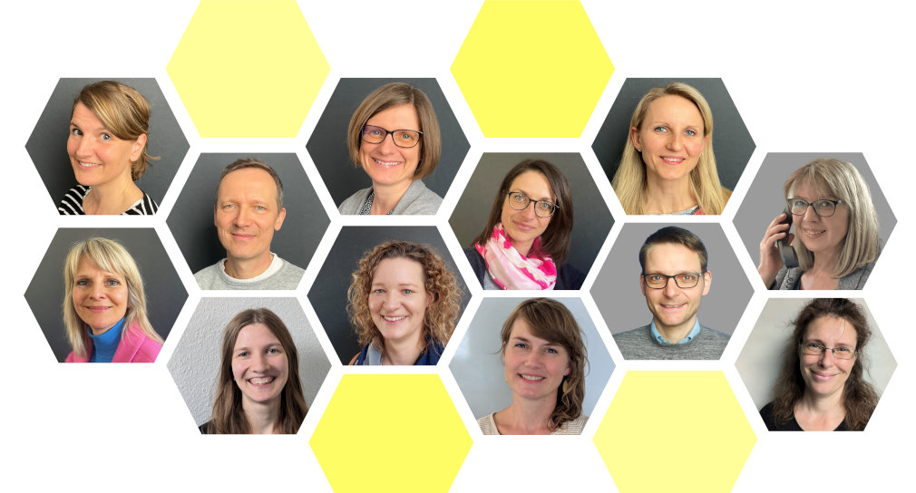  Auf weißem Hintergrund befinden sich 16 Hexagons. In zwölf von ihnen sind die Portraitfotos der Mitarbeiter veröffentlicht. Vier von ihnen sind mit gelber Farbe ausgefüllt. Sie dienen als Platzhalter.