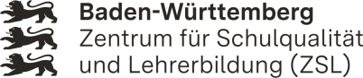 Logo des Zentrums für Schulqualität und Lehrerbildung (ZSL): links untereinander die drei schreitenden schwarzen Löwen aus dem baden-württembergischen Landeswappen; rechts daneben dreizeiliger Schriftzug in schwarzer Schriftfarbe: erste Zeile in Fettdruck Baden-Württemberg; zweite und dritte Zeile in Normaldruck: Zentrum für Schulqualität und Lehrerbildung (ZSL)