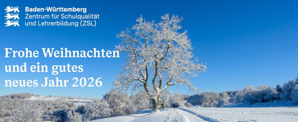 Weihnachtsgrüße des ZSL: Frohe Weihnachten und ein gutes neues Jahr 2026 (Foto: Weg am Rande des Randecker: Man sieht einen Baum am Rande auf einem schneebedeckten Feld am Rande eines schneebedeckten Feldweges vor strahlend blauem Himmel. Links oben steht in weißer Farbe das ZSL-Logo, darunter stehen in weißer Schrift dreizeilig die Grüße.)