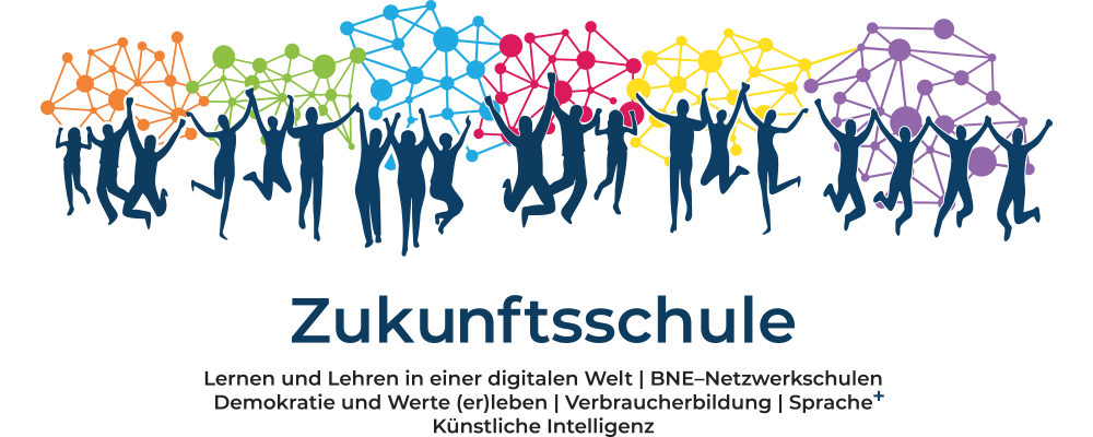 Logo: Text-Bild-Grafik als Symbolbild für Logo Zukunftsschulen (Kollage aus den 6 Logos der Zukunftsschulen nebeneinander: Es sind nebeneinander 6 Gruppen mit Schattenrissen jeweils dreier beziehungsweise vierer tanzender und springender Personen zu sehen. Über und hinter den Schattenriss-Gruppen ist jeweils ein andersfarbiges Netz mit dicken Verbindungspunkten zu sehen. Unter den Logos steht mittig in großer Schrift: Zukunftsschule. Darunter dreizeilig die Namen der sechs Zukunftsschulen: Lernen und Lehren in einer digitalen Welt; BNE-Netzwerkschulen; Demokratie und Werte (er)leben; Verbraucherbildung; Sprache plus; Künstliche Intelligenz)