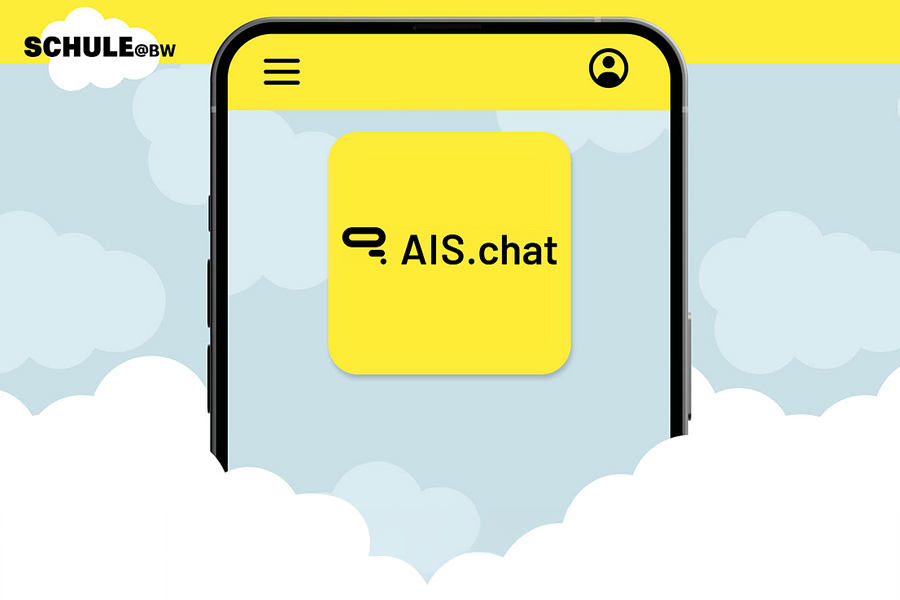 Link zur externen Link zur TaskCards-Seite AIS.chat für Lehrkräfte - Hinweise und Materialien (Grafik: Oben gelber Streifen, darauf links das Logo von Schule@BW. Darunter blauer Hintergrund mit Wolken; darunter weiße Wolken. In der Mitte der stilisierte Rahmen eines Smartphones. Im Smartphonerahmen steht ein gelbes Quadrat mit Sprechblasen und dem Schriftzug AIS.chat.)