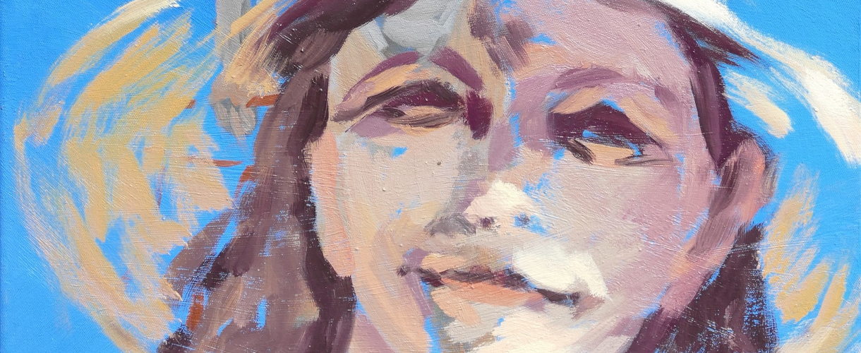 Gemaltes Bild: Es ist ein Ausschnitt zu sehen, mit einem skizzenhaft gemalten Frauengesicht vor hellblauem Hintergrund.