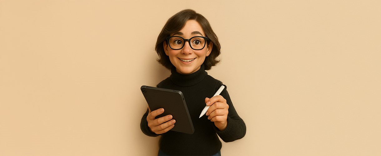 Illustration einer stilisierten, fröhlichen, weiblichen Person mit Brille und Tablet in der Hand, die mit einem digitalen Stift zeichnet.