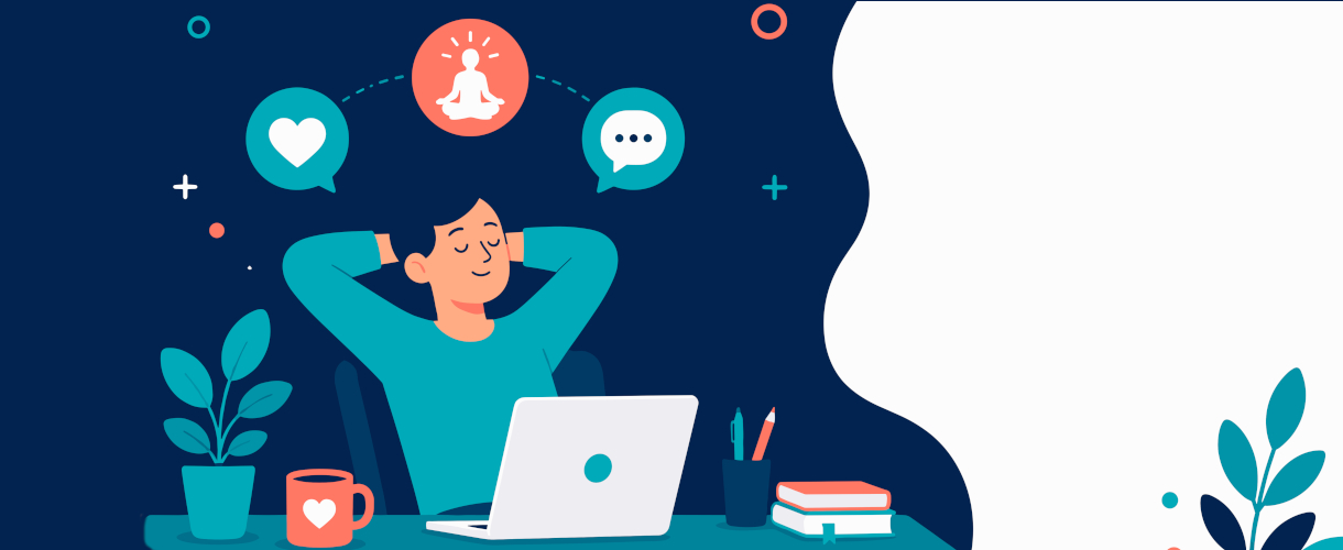 Link zur ZSL-Aktuelles-Meldung: Fortbildung Trendcheck: Smartphones, Social Media und Schule. Digitales Wohlbefinden verstehen und stärken (online, 3. Dezember 2026, 15:30 bis 17:00 Uhr) (Grafik/Zeichnung: Vor dunkelblauem Hintergrund ist ein junger Mann zu sehen, der vor einem Laptop sitzt. Er hat die Augen geschlossen und die Arme hinter dem Kopf verschränkt und lächelt entspannt. Über seinem Kopf sind drei Symbole in Kreisen zu sehen: ein Herz, eine meditierende Figur und eine Sprechblase). Auf dem Tisch sind neben dem Laptop eine Pflanze, eine Tasse mit Herzsymbol, ein Bücherstapel und ein Stiftebecher zu sehen.)