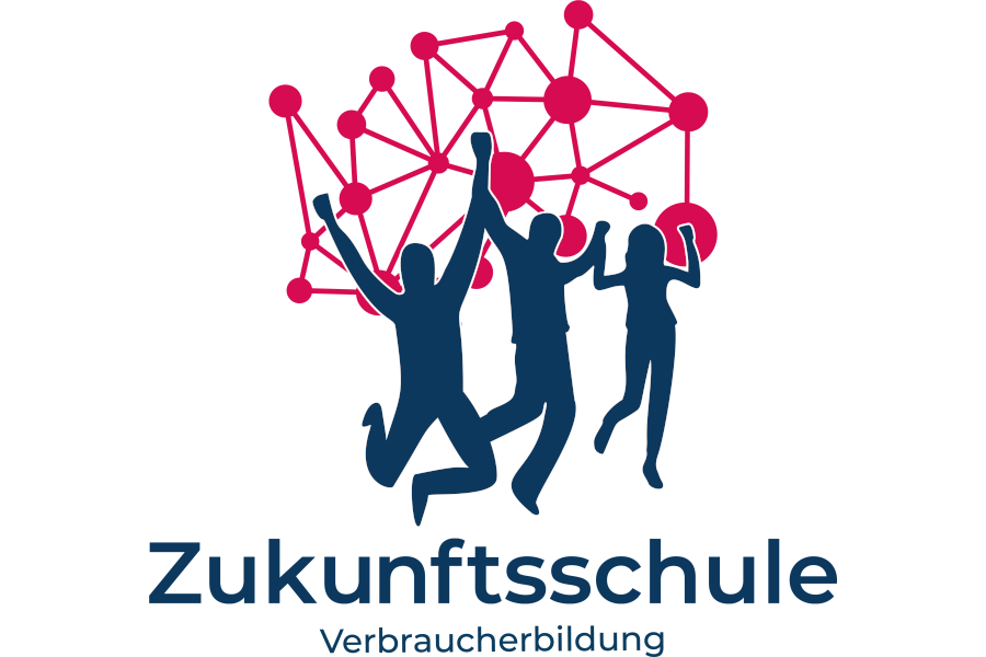 Link zur Seite Zukunftsschulen Verbraucherbildung (Text-Bild-Grafik/Logo: Im Zentrum sind Schattenrisse dreier tanzender und springender Personen zu sehen. Über und hinter ihnen ist ein dunkelpinkfarbenes Netz mit dicken Verbindungspunkten zu sehen. Unter den Schattenrissen steht zweizeilig, in dunkelblauer Schrift: Zukunftsschule, Verbraucherbildung)