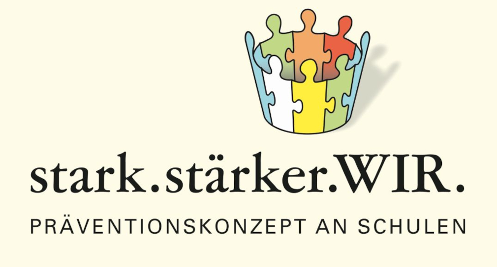 Link; Logo von stark.stärker.WIR. (Grafik: Kronen-Puzzle bestehend aus angedeute-ten Menschen unterschiedlicher Farbe über dem fetten Schriftzug „stark.stärker.WIR.“, darunter der Schriftzug „Präventionskonzept an Schulen“)