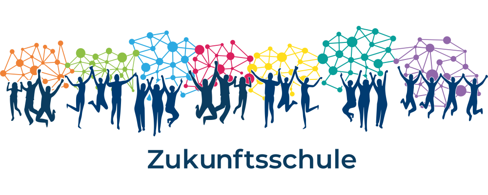 Logo: Text-Bild-Grafik als Symbolbild für Zukunftsschulen (Kollage aus den 7 Logos der Zukunftsschulen nebeneinander: Es sind nebeneinander 7 Gruppen mit Schattenrissen jeweils dreier beziehungsweise vierer tanzender und springender Personen zu sehen. Über und hinter den Schattenriss-Gruppen ist jeweils ein andersfarbiges Netzsymbol mit dicken Verbindungspunkten zu sehen. Unter den Logos steht mittig in großer Schrift: Zukunftsschule.)