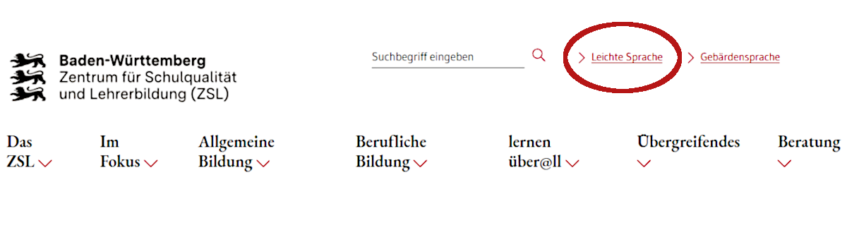 Screenshot: Kopfbereich der ZSL-Website mit umrandeten Link 