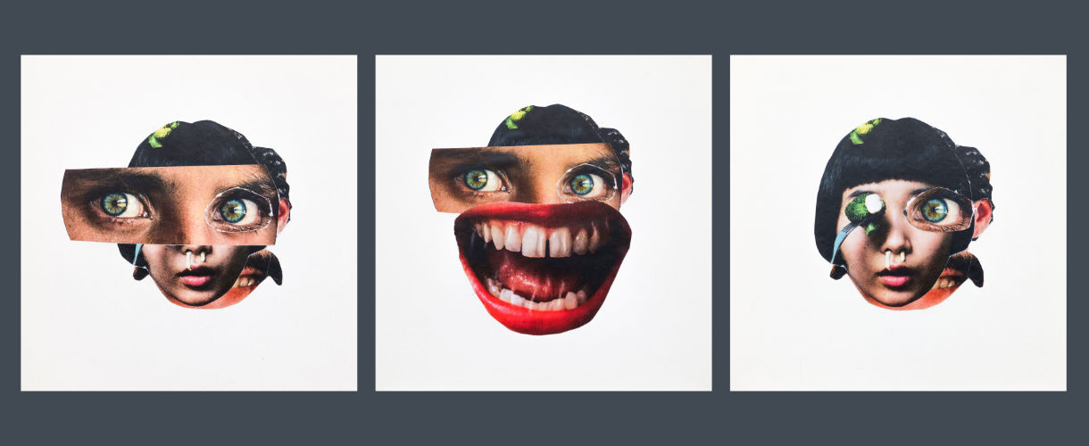 Drei Porträts, bei denen einzelne Gesichtsmerkmale wie Auge und Mund collageartig verzerrt und vergrößert sind. 