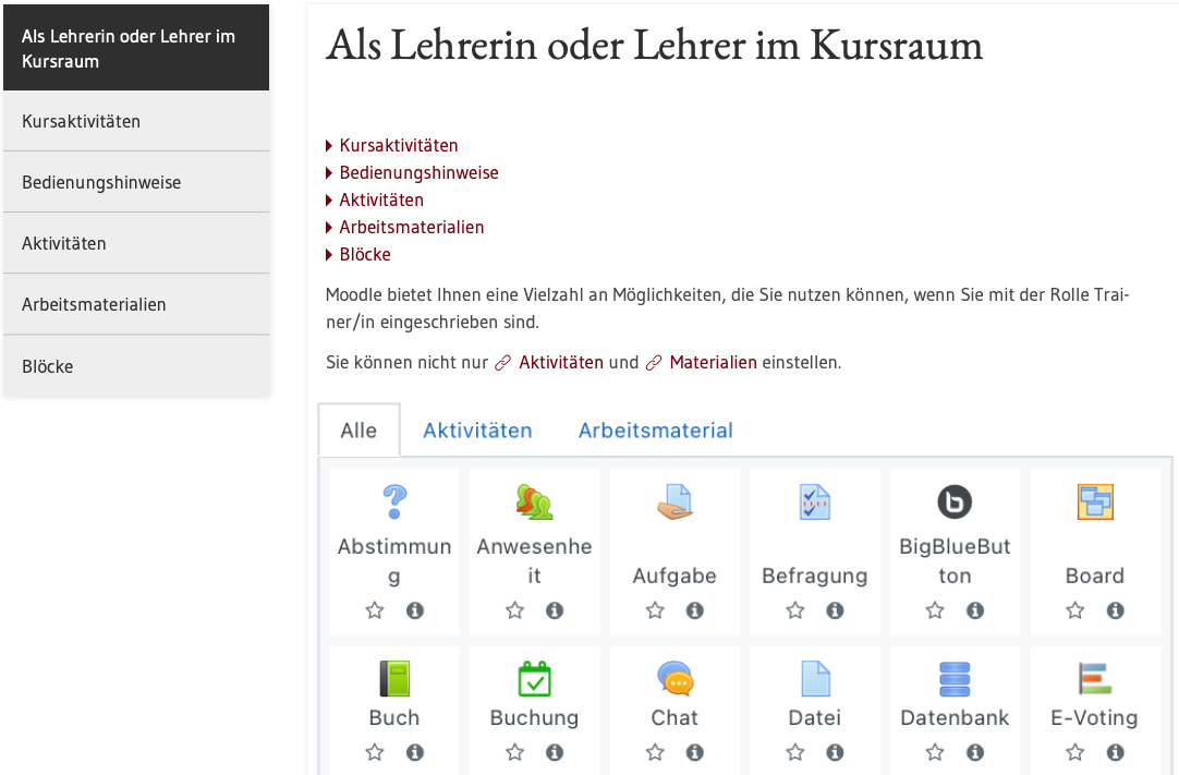 Screenshot: Lehrerfortbildung Moodleanleitungen