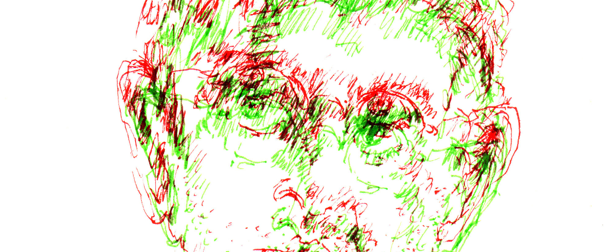 Foto: Porträtzeichnung in Rot und Grün auf weißem Hintergrund, erstellt mit überlagernden, schnellen, skizzenhaften Linien.