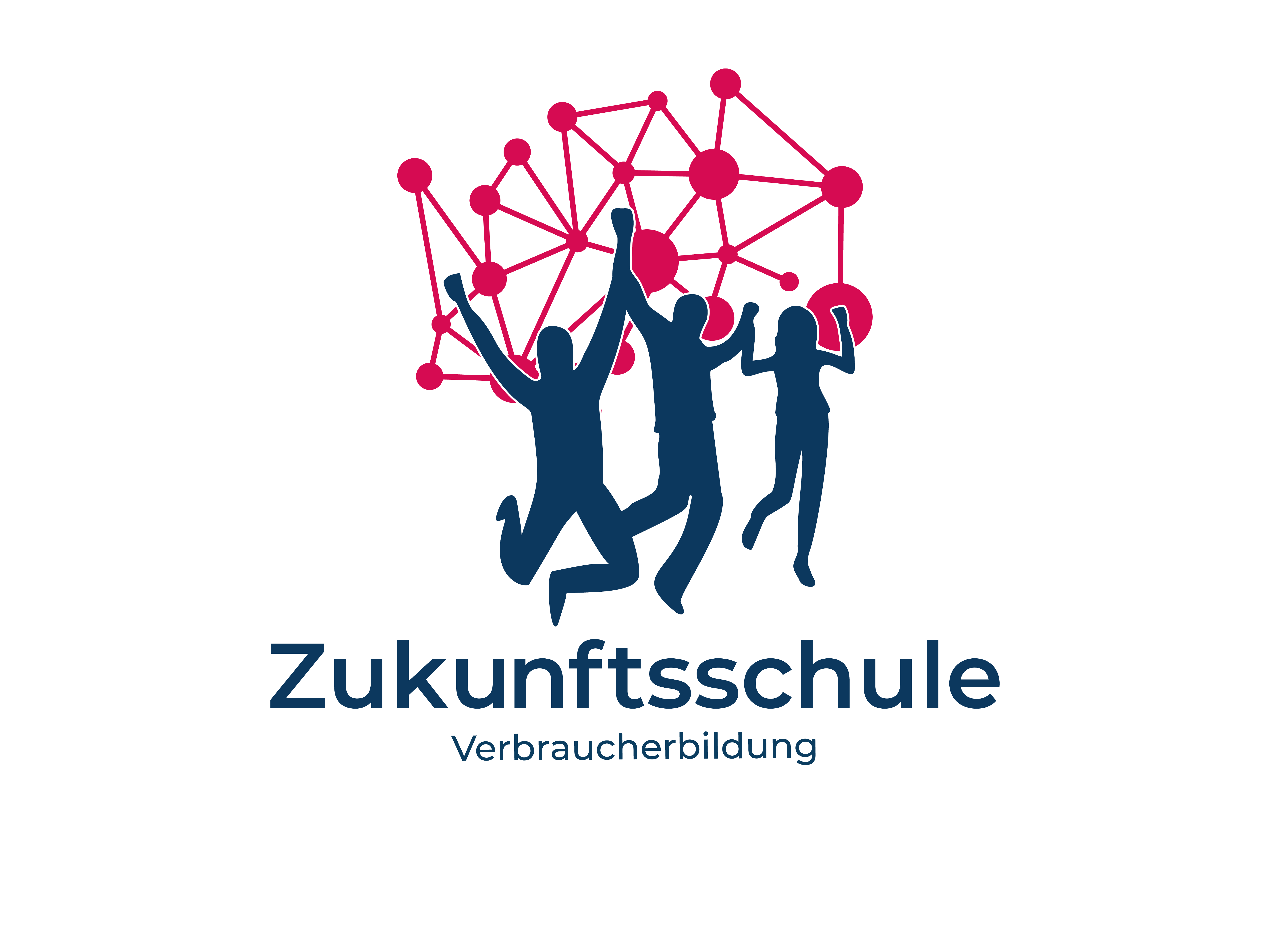 Link zur Seite Zukunftsschulen Verbraucherbildung (Text-Bild-Grafik/Logo: Im Zentrum sind Schattenrisse dreier tanzender und springender Personen zu sehen. Über und hinter ihnen ist ein dunkelpinkfarbenes Netz mit dicken Verbindungspunkten zu sehen. Unter den Schattenrissen steht zweizeilig, in dunkelblauer Schrift: Zukunftsschule, Verbraucherbildung)