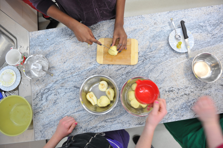 Link zur ZSL-Seite „AES“; Foto: Auf einem Küchentisch wird Obst geschnitten.