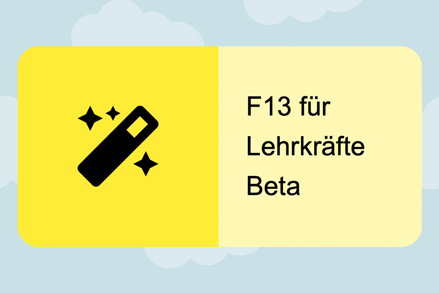 Link zur F13-TaskCard. Foto: Auf dem hellblauen Hintergrund des IdAM SCHULE@BW sieht man die gelbe Auswahlkachel für F13. Davor als Symbol ein Zauberstab in Schwarz auf gelbem Grund.