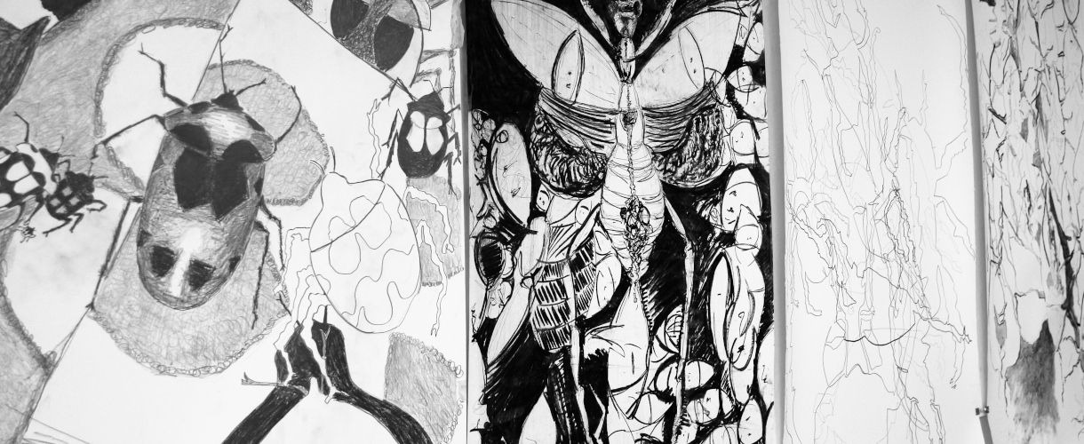 Foto: Großformatige Schwarz-Weiß-Zeichnungen zeigen stark vergrößerte Darstellungen von Insekten und abstrakten Strukturen, die wie extreme Nahaufnahmen wirken. 