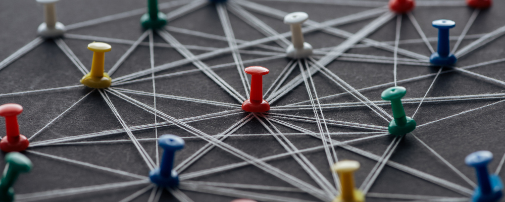 Symbolbild für Netzwerk „Demokratie und Werte (er)leben“ (Foto: bunte Pins, die auf grauem Untergrund stecken und mit hellgrauen Schnüren kreuz und quer miteinander verbunden sind)