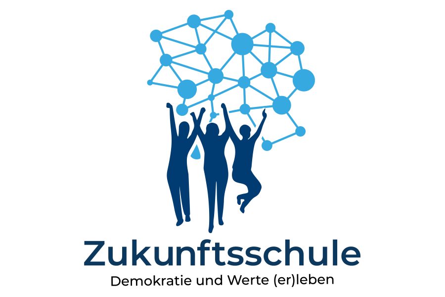 Link zur Seite Zukunftsschulen Demokratie und Werte (er-)leben (Text-Bild-Grafik/Logo: Im Zentrum sind Schattenrisse dreier tanzender und springender Personen zu sehen. Über und hinter ihnen ist ein hellblaues Netz mit dicken Verbindungspunkten zu sehen. Unter den Schattenrissen steht zweizeilig, in dunkelblauer Schrift: Zukunftsschule, Demokratie und Werte (er-)leben)