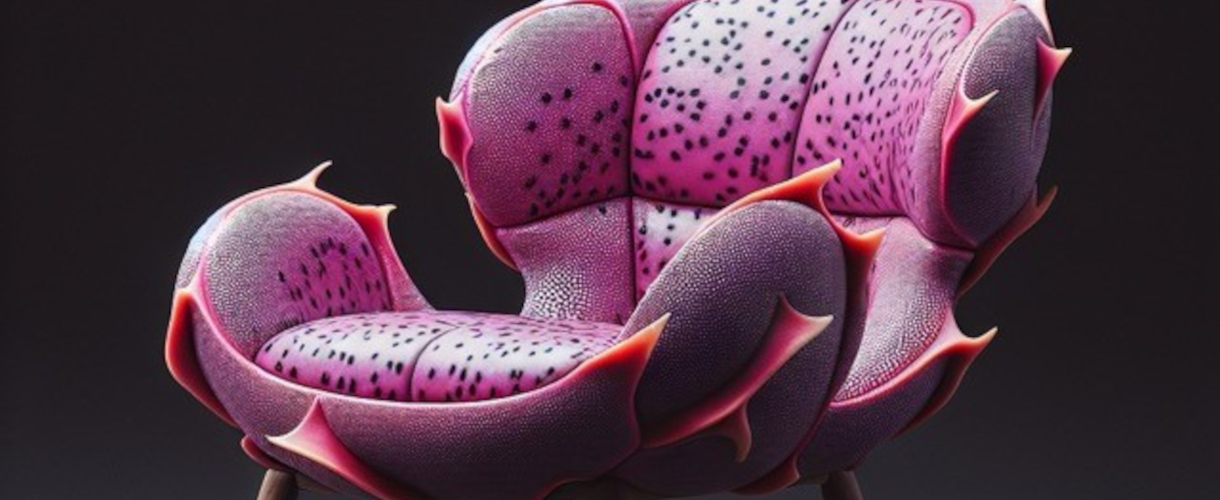 Foto: Fotorealistischer Entwurf eines Schalensessels in Form und Textur einer pink-violetten Drachenfrucht mit stachelartigen Elementen.