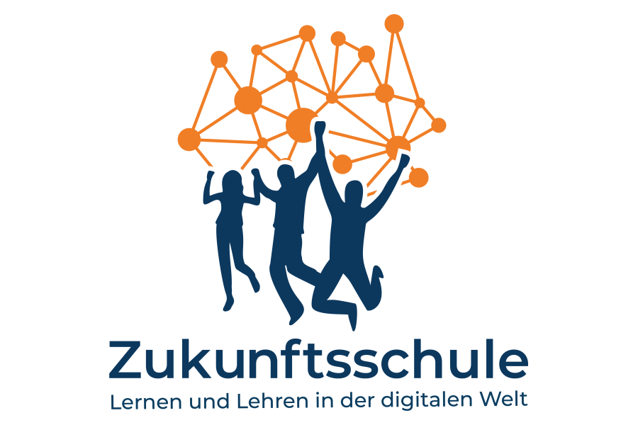 Link zur Seite Zukunftsschule Lernen und Lehren in der digitalen Welt (Text-Bild-Grafik/Logo: Im Zentrum sind Schattenrisse dreier tanzender und springender Personen zu sehen. Über und hinter ihnen ist ein orangefarbenes Netz mit dicken Verbindungspunkten zu sehen. Unter den Schattenrissen steht zweizeilig, in dunkelblauer Schrift: Zukunftsschule, Lernen und Lehren in der digitalen Welt)