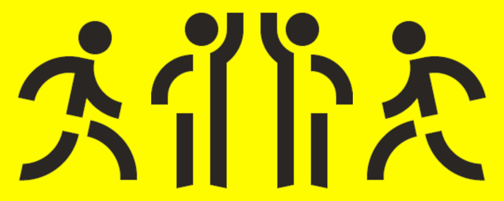 Symbolbild für Rhythmisierung durch Bewegung (Grafik mit Figuren-Icons: Auf gelbem Hintergrund sind vier schwarze Strichfiguren zu sehen: Links läuft eine Figur Richtung rechts. In der Mitte stehen zwei Figuren, die symmetrisch ihren linken beziehungsweise rechten Arm heben. Rechts läuft eine Figur Richtung links.)