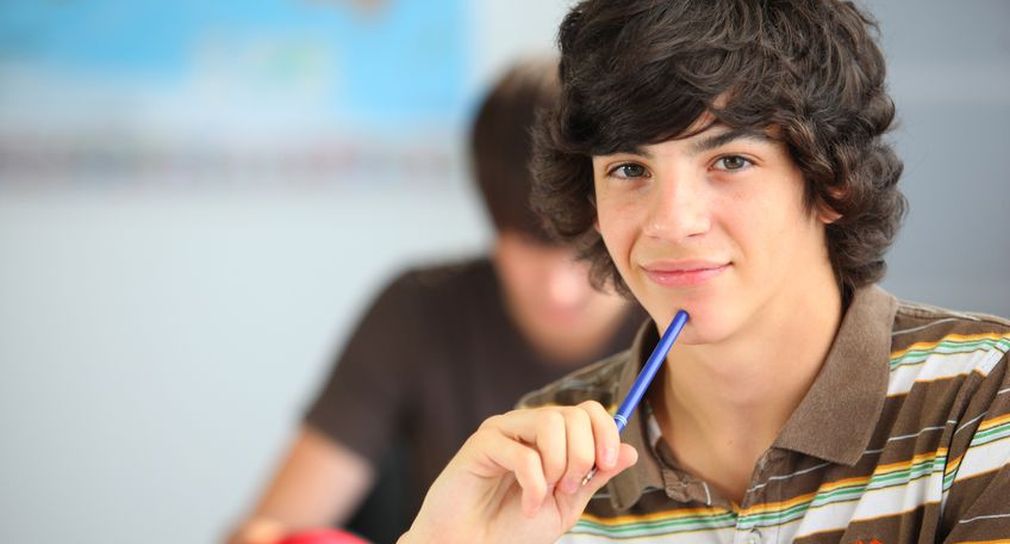 Link; Symbolbild Begabtenförderung (Foto: Ein lächelnder Jugendlicher mit Stift blickt in die Kamera, während ein Mitschüler im Hintergrund dezent unscharf bleibt.)