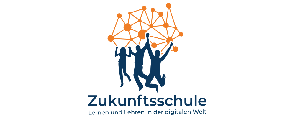 Logo: Text-Bild-Grafik als Symbolbild für Zukunftsschulen Lernen und Lehren in der digitalen Welt (Im Zentrum sind Schattenrisse dreier tanzender und springender Personen zu sehen. Über und hinter ihnen ist ein orangefarbendes Netz mit dicken Verbindungspunkten zu sehen. Unter den Schattenrissen steht zweizeilig, in dunkelblauer Schrift: Zukunftsschule, Lernen und Lehren in der digitalen Welt)
