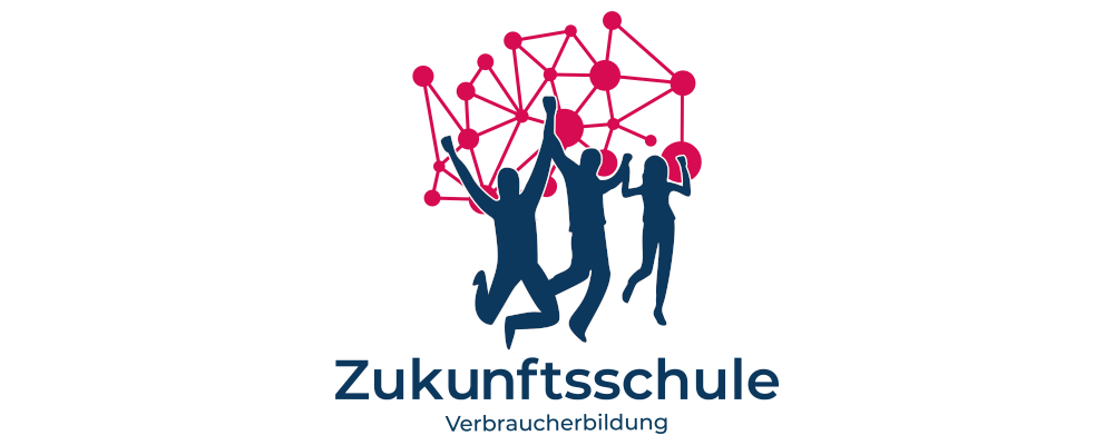 Logo: Text-Bild-Grafik als Symbolbild für Zukunftsschulen Verbraucherbildung (Im Zentrum sind Schattenrisse dreier tanzender und springender Personen zu sehen. Über und hinter ihnen ist ein pinkfarbenes Netz mit dicken Verbindungspunkten zu sehen. Unter den Schattenrissen steht zweizeilig, in dunkelblauer Schrift: Zukunftsschule Verbraucherbildung)