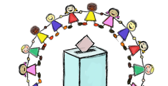 Zeichnung: Kinder, die um eine Wahlurne herum tanzen