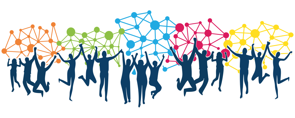 Logo: Text-Bild-Grafik als Symbolbild für Logo Zukunftsschulen (Kollage aus den 5 Logos der Zukunftsschulen nebeneinander: Es sind nebeneinander 5 Gruppen mit Schattenrissen jeweils dreier tanzender und springender Personen zu sehen. Über und hinter den Schattenriss-Gruppen ist jeweils ein andersfarbiges Netz mit dicken Verbindungspunkten zu sehen.)